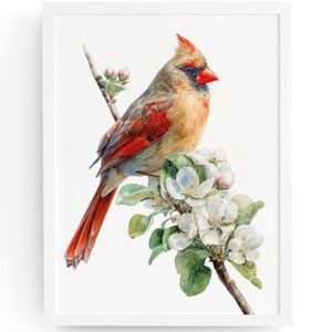 Watercolor Female Cardinal Bird with Flowers Wall Art Print Unframed